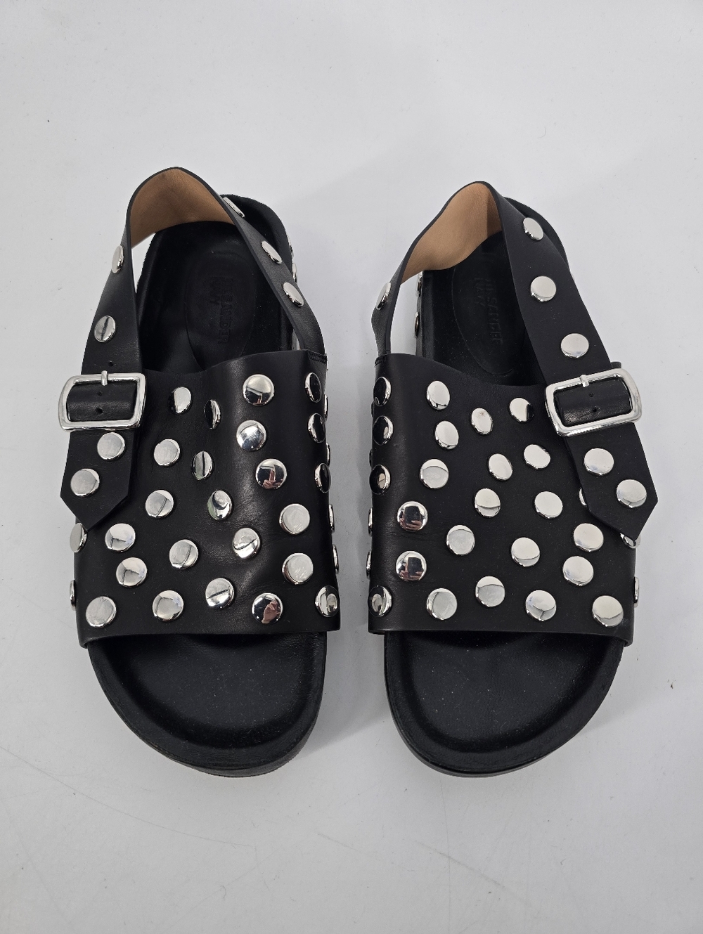 Jil Sander Navy Studded Black Leather Buckle Sandals Size 39 US 9